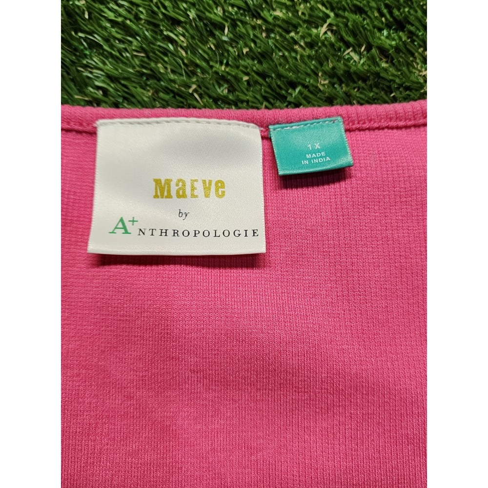 Maeve Anthropologie Hot Pink Ribbed T-Shirt Swiss Dot Ruffle Tulle Sleeve 1X - Picture 3 of 8